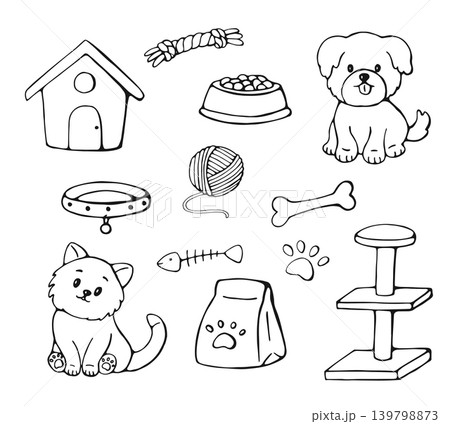 Hand drawn cat and dog with pet accessories doodle set on white background Hand drawn cat and dog with pet accessories doodle set on white background 139798873