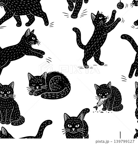 Black cats seamless pattern Hand drawn. Not AI, vector illustration. 139799127