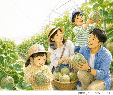 観光農園でメロン狩りをたのしんでいる家族のイラスト 観光農園でメロン狩りをたのしんでいる家族のイラスト 139799223