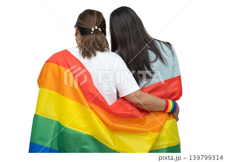Asian couple woman with LGBT rainbow flag isolated on white background. 139799314