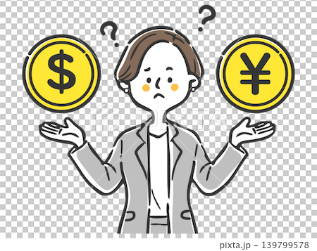 為替　お金　ドル　円のことを考えるキャリアウーマン　ベクター 139799578