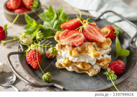Belgian waffles with ricotta cheese and fresh strawberries for breakfast on a stone background. Sweet breakfast gluten free. Summer homemade recipe. Belgian waffles with ricotta cheese and fresh strawberries for breakfast on a stone background. Sweet breakfast gluten free. Summer homemade recipe. 139799928