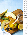 Sweet melon and citrus jam, homemade jelly preserves in small glass jar with fresh melon slices on a blue stone tabletop. Homemade preserve.  View from above. Copy space. 139799999