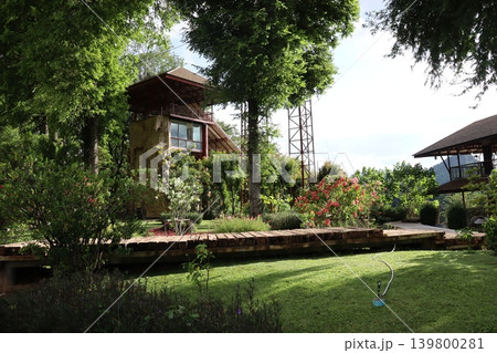 Lush Garden House with Wooden Deck and Greenery 139800281