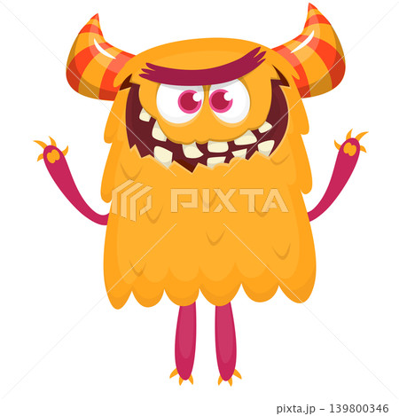 Cartoon scary monster with funny face expression waving hands . Vector illustration isolated on white. Halloween design Cartoon scary monster with funny face expression waving hands . Vector illustration isolated on white. Halloween design 139800346