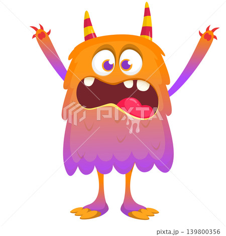Cartoon scary monster with funny face expression waving hands . Vector illustration isolated on white. Halloween design Cartoon scary monster with funny face expression waving hands . Vector illustration isolated on white. Halloween design 139800356