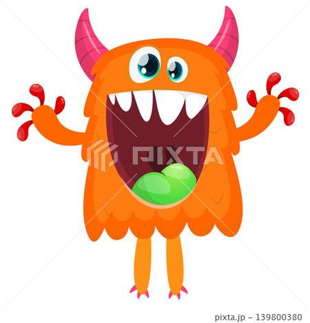 Cartoon scary monster with funny face expression waving hands . Vector illustration isolated on white. Halloween design Cartoon scary monster with funny face expression waving hands . Vector illustration isolated on white. Halloween design 139800380