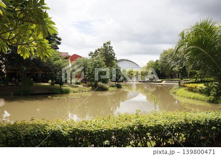 Serene Garden Pond with Fountain and Greenery 139800471
