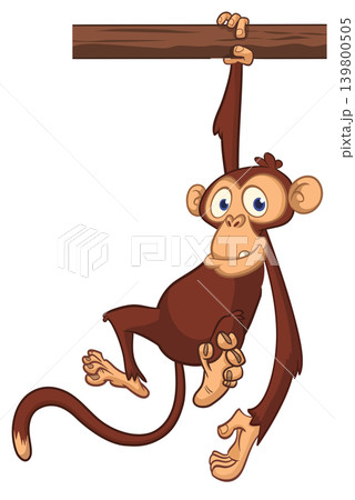 Cartoon funny brown monkey chimpanzee hanging from the wood branch. Vector illustration isolated on white Cartoon funny brown monkey chimpanzee hanging from the wood branch. Vector illustration isolated on white 139800505