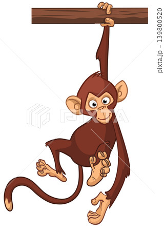 Cartoon funny brown monkey chimpanzee hanging from the wood branch. Vector illustration isolated on white 139800520