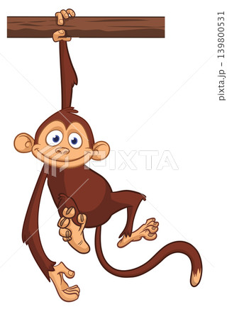 Cartoon funny brown monkey chimpanzee hanging from the wood branch. Vector illustration isolated on white Cartoon funny brown monkey chimpanzee hanging from the wood branch. Vector illustration isolated on white 139800531