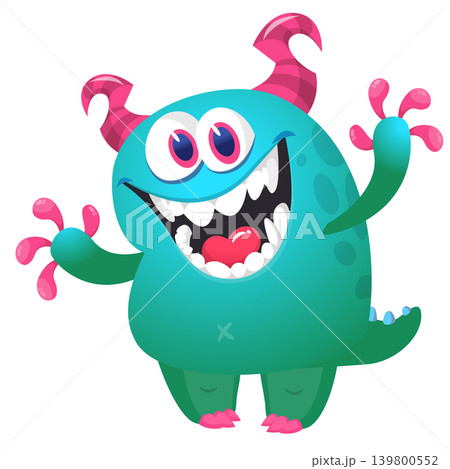 Cartoon scary monster with funny face expression waving hands . Vector illustration isolated on white. Halloween design Cartoon scary monster with funny face expression waving hands . Vector illustration isolated on white. Halloween design 139800552
