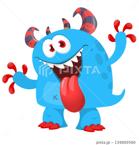 Cartoon scary monster with funny face expression waving hands . Vector illustration isolated on white. Halloween design Cartoon scary monster with funny face expression waving hands . Vector illustration isolated on white. Halloween design 139800560