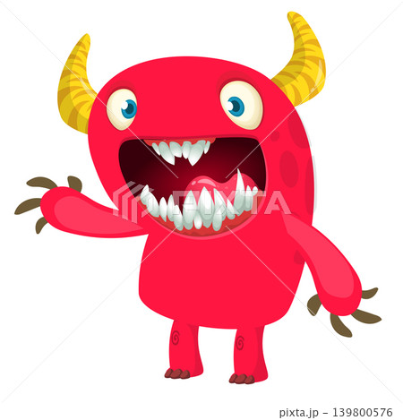 Cartoon scary monster with funny face expression waving hands . Vector illustration isolated on white. Halloween design 139800576