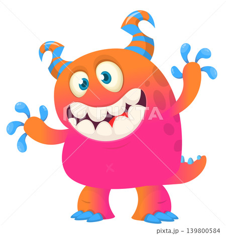 Cartoon scary monster with funny face expression waving hands . Vector illustration isolated on white. Halloween design Cartoon scary monster with funny face expression waving hands . Vector illustration isolated on white. Halloween design 139800584