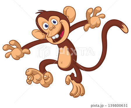 Cartoon funny brown monkey chimpanzee jumping or dancing. Vector illustration isolated on white 139800631