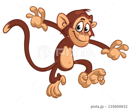 Cartoon funny brown monkey chimpanzee jumping or dancing. Vector illustration isolated on white Cartoon funny brown monkey chimpanzee jumping or dancing. Vector illustration isolated on white 139800632
