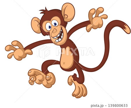 Cartoon funny brown monkey chimpanzee jumping or dancing. Vector illustration isolated on white Cartoon funny brown monkey chimpanzee jumping or dancing. Vector illustration isolated on white 139800633