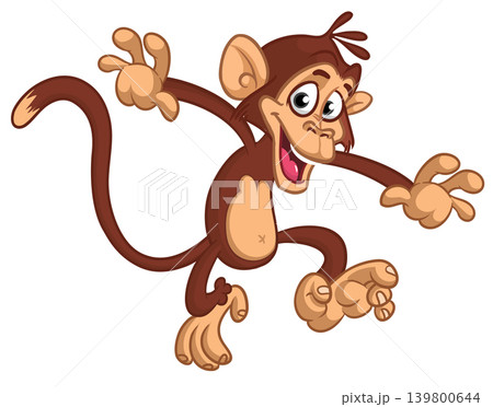Cartoon funny brown monkey chimpanzee jumping or dancing. Vector illustration isolated on white Cartoon funny brown monkey chimpanzee jumping or dancing. Vector illustration isolated on white 139800644