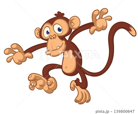 Cartoon funny brown monkey chimpanzee jumping or dancing. Vector illustration isolated on white Cartoon funny brown monkey chimpanzee jumping or dancing. Vector illustration isolated on white 139800647