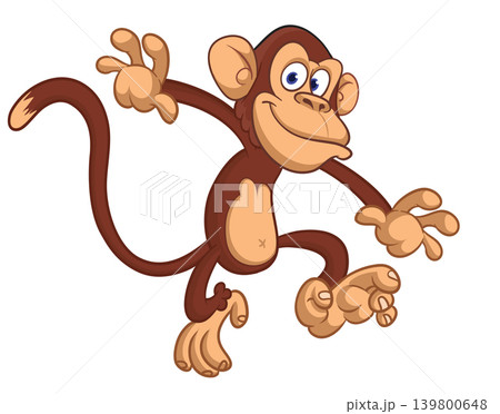 Cartoon funny brown monkey chimpanzee jumping or dancing. Vector illustration isolated on white 139800648