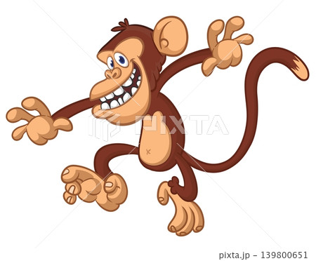Cartoon funny brown monkey chimpanzee jumping or dancing. Vector illustration isolated on white Cartoon funny brown monkey chimpanzee jumping or dancing. Vector illustration isolated on white 139800651