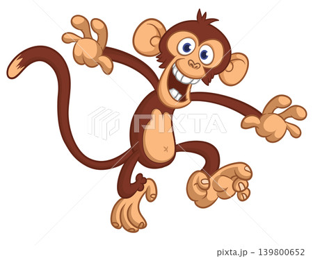 Cartoon funny brown monkey chimpanzee jumping or dancing. Vector illustration isolated on white Cartoon funny brown monkey chimpanzee jumping or dancing. Vector illustration isolated on white 139800652
