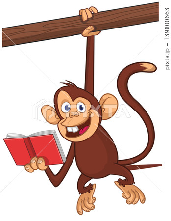 Cartoon funny brown monkey chimpanzee reading red book. Vector illustration isolated on white 139800663