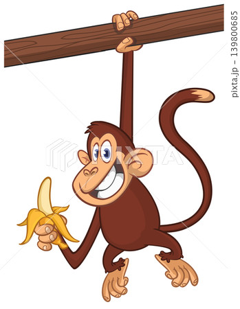 Cartoon funny brown monkey chimpanzee holding banana. Vector illustration isolated on white 139800685