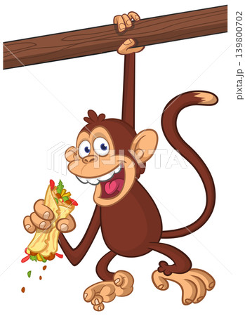 Cartoon funny monkey chimpanzee holding falafel or kebab in his hands. Vector illustration of happy monkey character design isolated. Cartoon funny monkey chimpanzee holding falafel or kebab in his hands. Vector illustration of happy monkey character design isolated. 139800702
