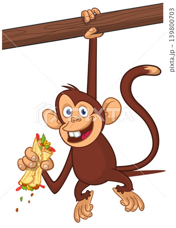 Cartoon funny monkey chimpanzee holding falafel or kebab in his hands. Vector illustration of happy monkey character design isolated. Cartoon funny monkey chimpanzee holding falafel or kebab in his hands. Vector illustration of happy monkey character design isolated. 139800703