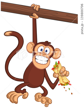 Cartoon funny monkey chimpanzee holding falafel or kebab in his hands. Vector illustration of happy monkey character design isolated. 139800706
