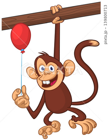 Cartoon funny brown monkey chimpanzee holding red balloon. Vector illustration isolated on white Cartoon funny brown monkey chimpanzee holding red balloon. Vector illustration isolated on white 139800713