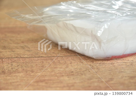 transparent plastic bag packing arranging on table transparent plastic bag packing arranging on table 139800734