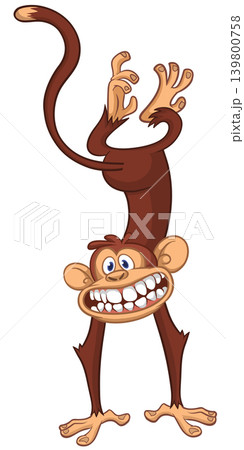Cartoon funny monkey chimpanzee standing upside down. Vector illustration isolated on white 139800758