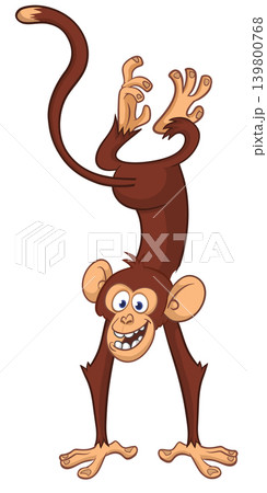 Cartoon funny monkey chimpanzee standing upside down. Vector illustration isolated on white Cartoon funny monkey chimpanzee standing upside down. Vector illustration isolated on white 139800768