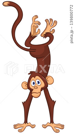 Cartoon funny monkey chimpanzee standing upside down. Vector illustration isolated on white 139800772