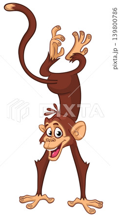 Cartoon funny monkey chimpanzee standing upside down. Vector illustration isolated on white 139800786