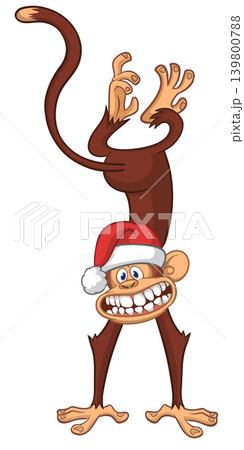 Cartoon funny monkey chimpanzee wearing Santa hat. Vector illustration for New year or Christmas 139800788