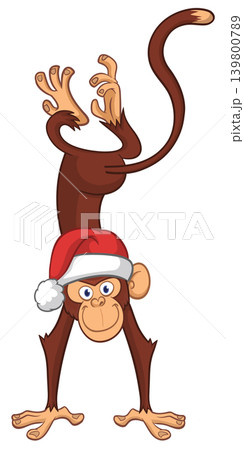 Cartoon funny monkey chimpanzee wearing Santa hat. Vector illustration for New year or Christmas 139800789
