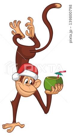 Cartoon funny monkey chimpanzee holding green coconut cocktail and hanging upside down in Santa Hat. Christmas vector illustration Cartoon funny monkey chimpanzee holding green coconut cocktail and hanging upside down in Santa Hat. Christmas vector illustration 139800798