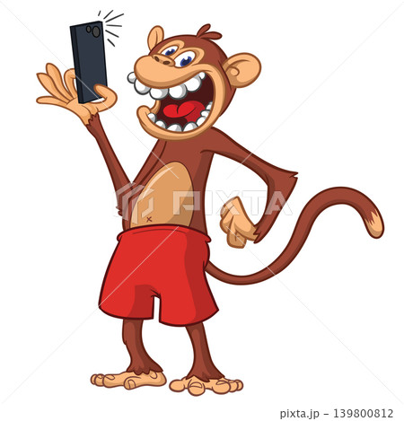 Cartoon funny monkey chimpanzeemaking selfie with the smartphone. Vector illustration isolated on white Cartoon funny monkey chimpanzeemaking selfie with the smartphone. Vector illustration isolated on white 139800812