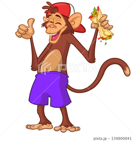 Cartoon funny monkey chimpanzee holding falafel or kebab in his hands. Vector illustration of happy monkey character design isolated. 139800841
