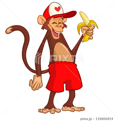 Cartoon funny monkey chimpanzee with banana in his hand. Vector illustration isolated on white Cartoon funny monkey chimpanzee with banana in his hand. Vector illustration isolated on white 139800854
