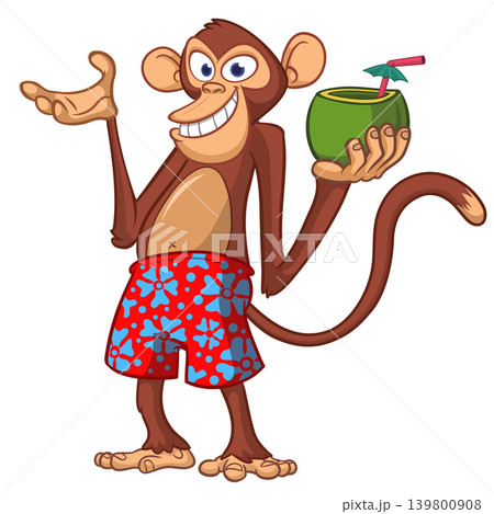 Cartoon funny monkey chimpanzee in bahama short holding green coconut cocktail. Vector illustration isolated on white Cartoon funny monkey chimpanzee in bahama short holding green coconut cocktail. Vector illustration isolated on white 139800908
