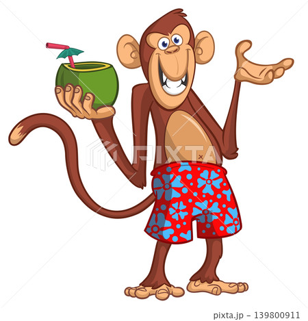 Cartoon funny monkey chimpanzee in bahama short holding green coconut cocktail. Vector illustration isolated on white 139800911