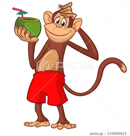 Cartoon funny monkey chimpanzee in bahama short holding green coconut cocktail. Vector illustration isolated on white 139800925