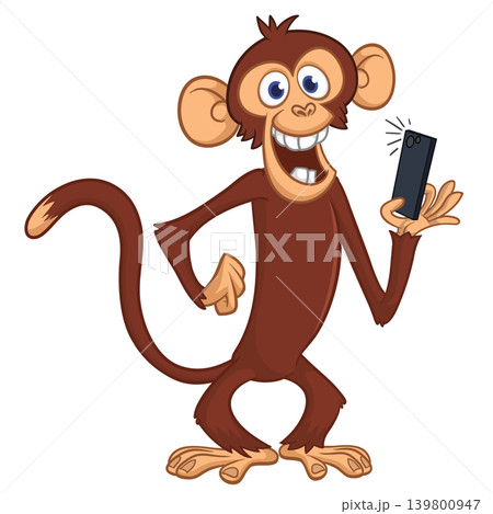 Cartoon funny monkey chimpanzee making selfie with the smartphone. Vector illustration isolated on white Cartoon funny monkey chimpanzee making selfie with the smartphone. Vector illustration isolated on white 139800947