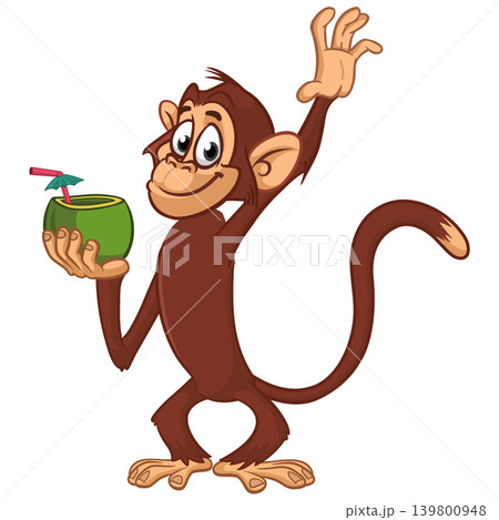 Cartoon funny monkey chimpanzee holding green coconut cocktail. Vector illustration isolated on white Cartoon funny monkey chimpanzee holding green coconut cocktail. Vector illustration isolated on white 139800948