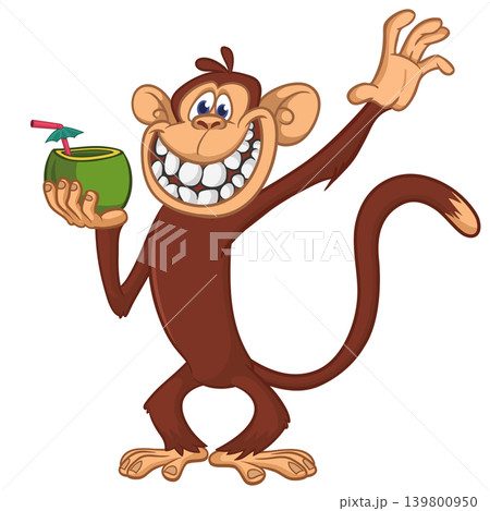 Cartoon funny monkey chimpanzee holding green coconut cocktail. Vector illustration isolated on white 139800950